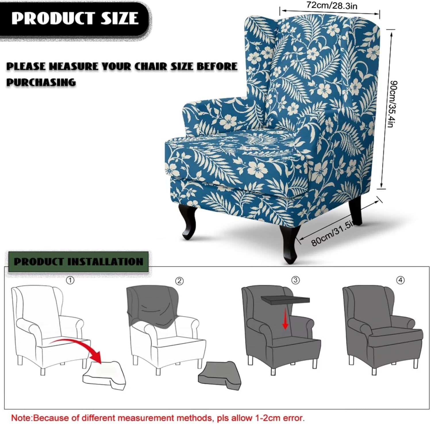 Talayituse Navy Blue Tropical Floral Print Stretch Wing Chair Cover Set Ottoman Slipcover 2 Pieces Wingback Chair Slipcover 1 Piece Square Stool Cover Removable Armchair Sofa Covers for Living Room