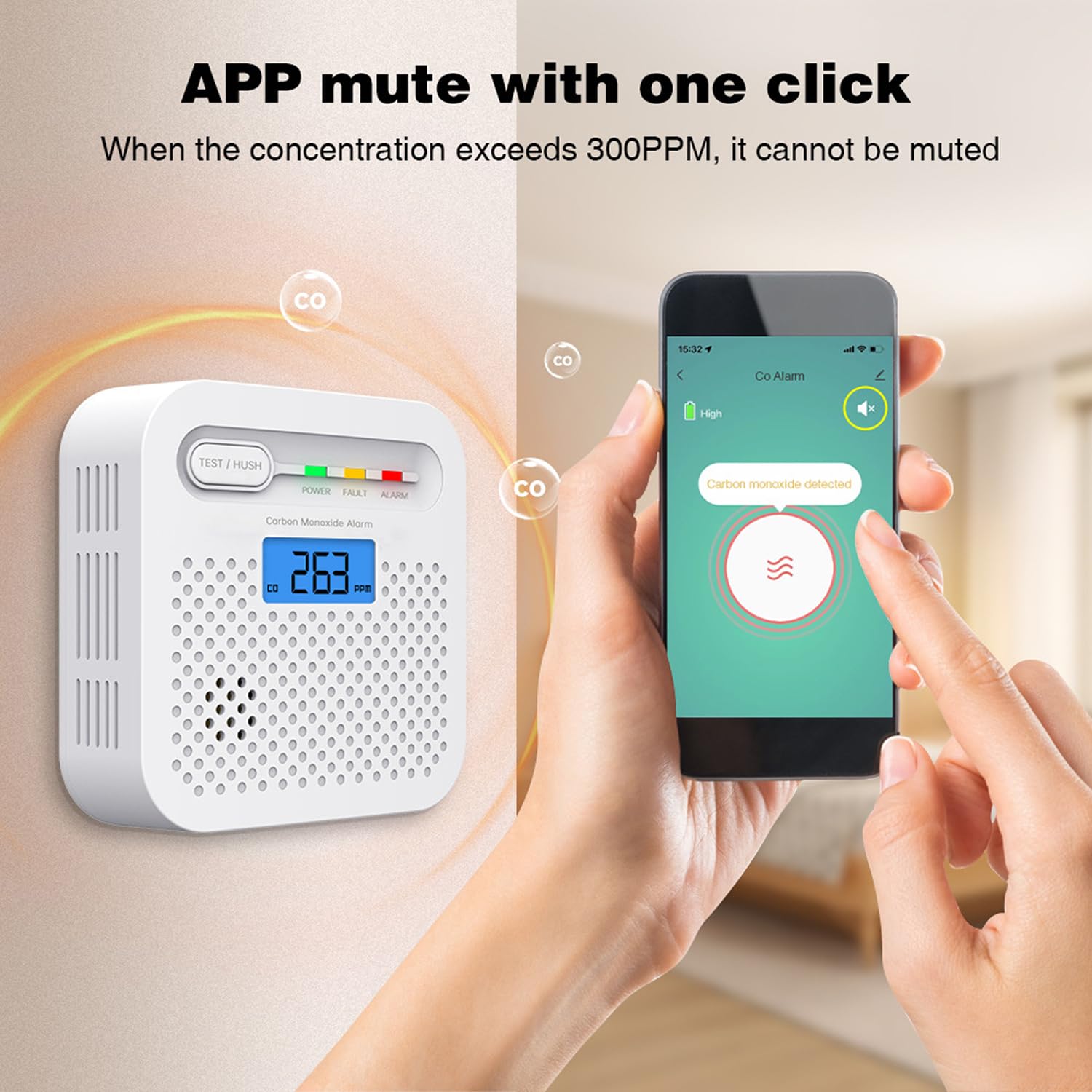 Detector de Monóxido de Carbono Inteligente WiFi 10 Anos de bateria,notificaciones Push en Tiempo Real a través de la aplicación de Seguridad Tuya y SmartLife, Pantalla LCD Digital, para el hogar