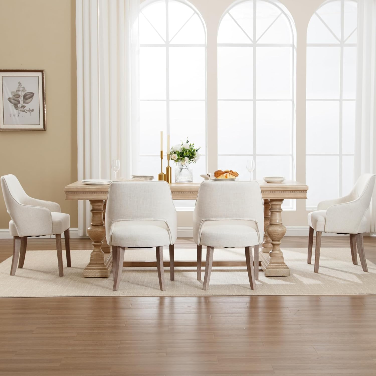 Dining Chairs Set of 4 Linen Upholstered Accent Kitchen Chair with Hollow Back/Padded Seat/Wood Legs for Dining Room Restaurant Home Decor, Beige