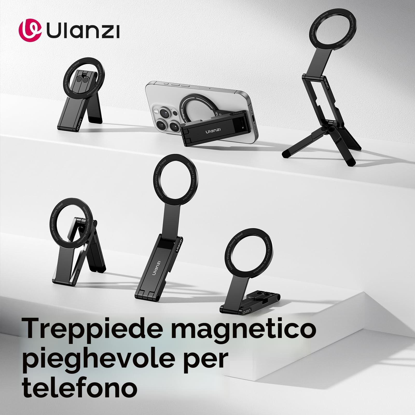 ULANZI MA60 Treppiede magnetico per telefono, Mini treppiede smartphone in alluminio con magnete bifacciale 14N, Porta telefono scrivania, Compatibile con iPhone 17,16,15,14,13,12 Samsung Xiaomi