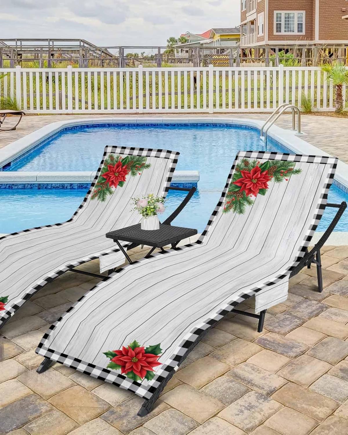 Christmas Poinsettia Beach Pool Patio Lounge Chaise Chair Cover Towel With Pockets,Absorbent & Quick Dry Microfiber Towel Cover Bag Summer Accessories Winter Holly Pine Vintage Farmhouse Wood Grain