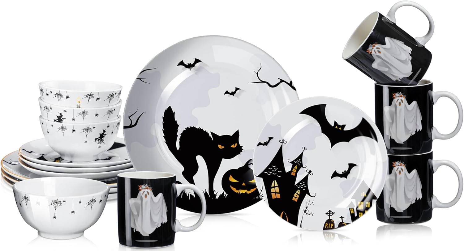 16 Pcs Halloween Dishes Dinnerware Set Serve 4 Guest Vintage Halloween Dinner Plates Ceramic Spooky Serving Dishes Haunted House Gifts Dessert Plate Bowl Mug for Holiday Kitchen Decoration Halloween Ghost