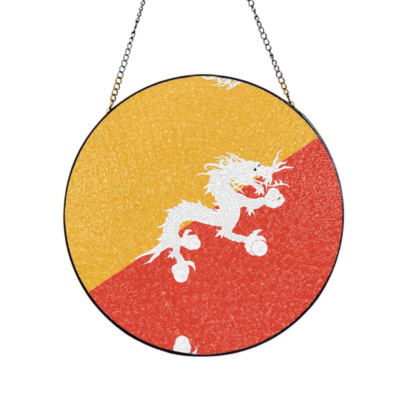 Poezjzw Stained Glass Window Hanging - Bhutanese Flag Sun Catcher For Door Garden Home Decor Christmas Mother'S Day Birthday Gifts 10in（25cm）