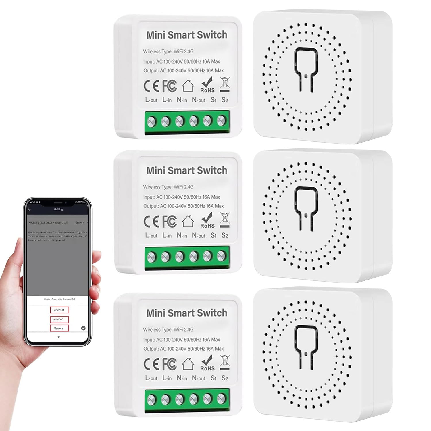 6 Pièces Alexa Interrupteur Connecté, Interrupteur Wifi Smart Life, 16A | 2.4G Interrupteur Intelligent Compatible avec Alexa assistants vocaux, Smart Life, Tuya, Mini Alexa Switch, Fil Neutre Requis