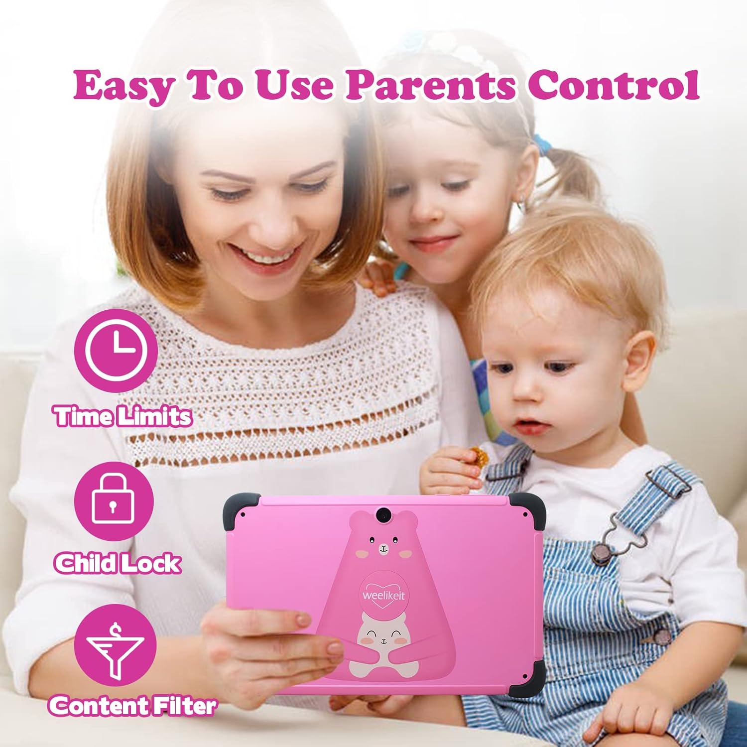 weelikeit Kids Tablet 8inch, Android 11 ChildrenTablet with AX WiFi6, 2GB RAM 32GB ROM, 1280 * 800 HD Display,4500 mAh,Parental Control Tablet with Installed Kids APP,with Stylus(Pink)