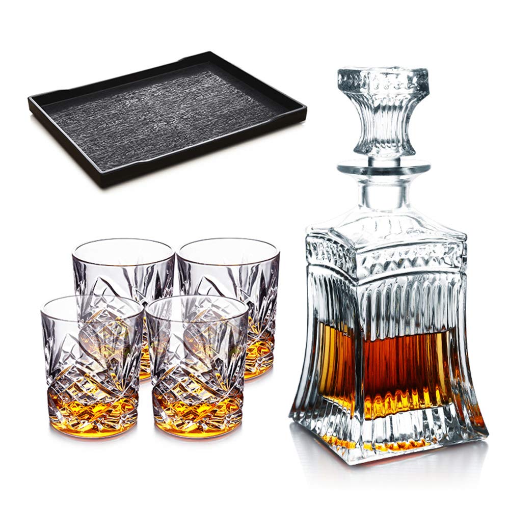 Lead Free Whiskey Decanter Gift Boxed Set with 4 Whiskey Glasses and Tray Crystal Liquor Decanter Set for Scotch Whisky in Gift Box,B