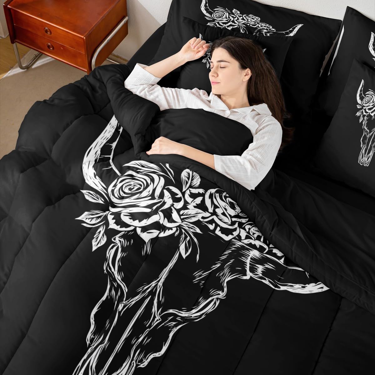 Erosebridal Bull Skull 7 Piece Bedding Set Full Bohemian Comforter Set with Sheets Simple Line Drawing Bull Head Aztec Bed in a Bag Rose Leaf Print Black White for Teens Men Women