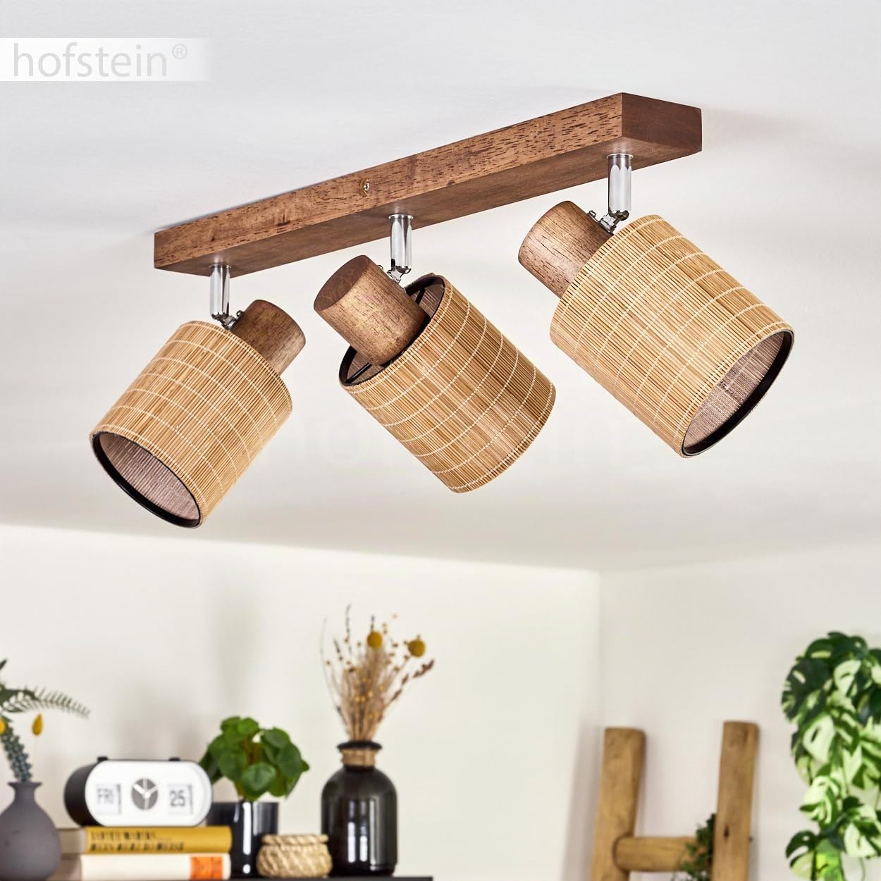 Lampada da soffitto Kinnared, lampada da soffitto moderna in legno/metallo/bambù in marrone scuro/cromo/naturale, lampada a 3 luci in design scandinavo con faretti regolabili, 3 x E14, senza lampadine