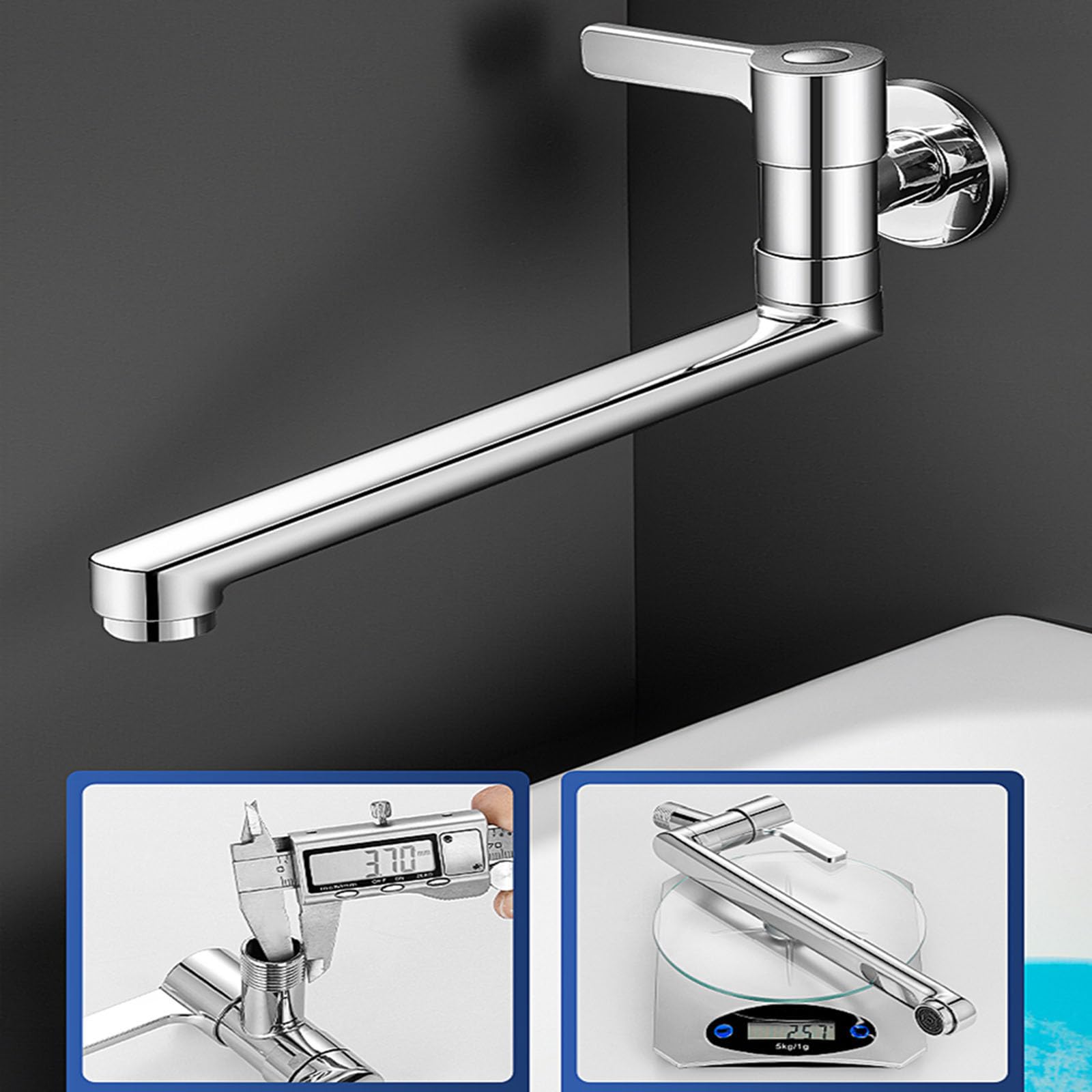 Grifo para fregadero de cocina de agua fría montado en la pared, grifo de latón de una sola palanca, diseño giratorio Ch h 20 cm, ideal para uso en baño y cocina