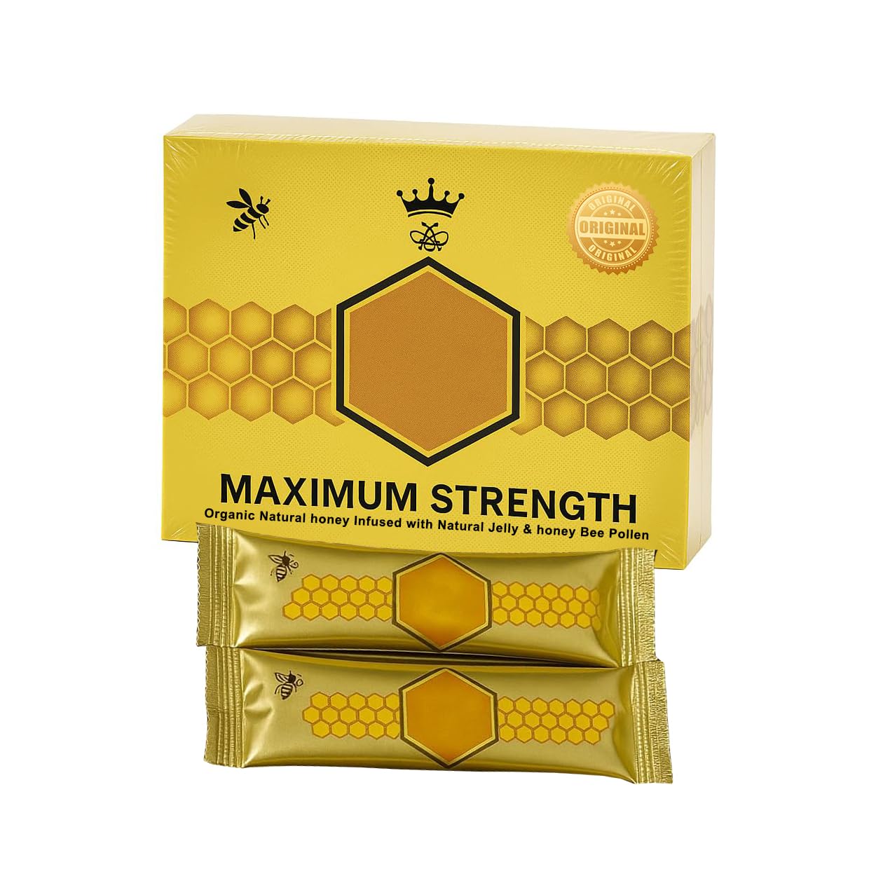 Large 12 Pack Original Honey Pack with Natural Jelly - Bee Pollen from Ginseng & Herbs, Full Box of 20G Honey | 12 Sachets Extra Strength Sachets Pouches