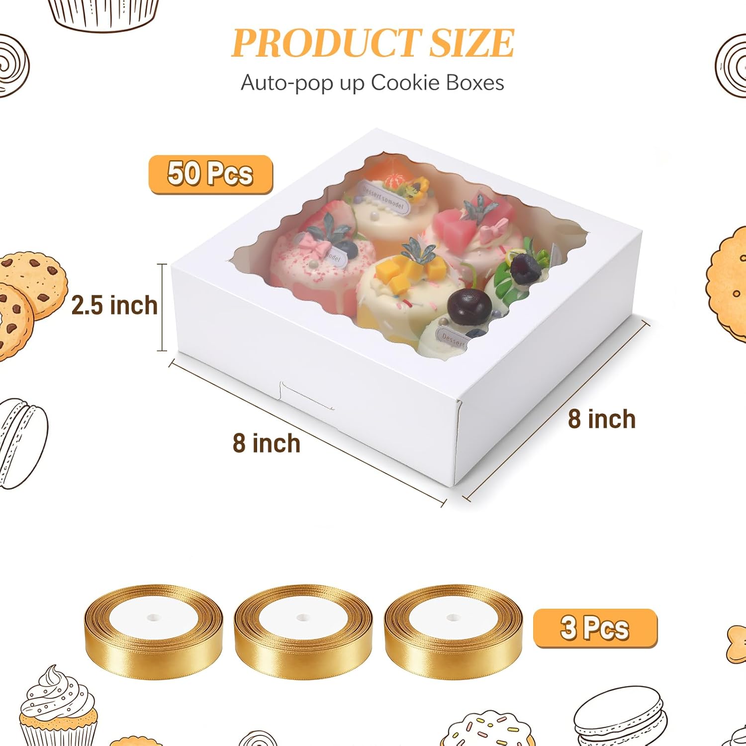 COTOPHER Auto Pop Up Cookie Box with Window 8x8x2.5 Inches – 50 Pack White Bakery Boxes with Gold Ribbon for Birthday Party Favors, Wedding, Christmas Gift Packaging for Cookies, Candy, Macarons
