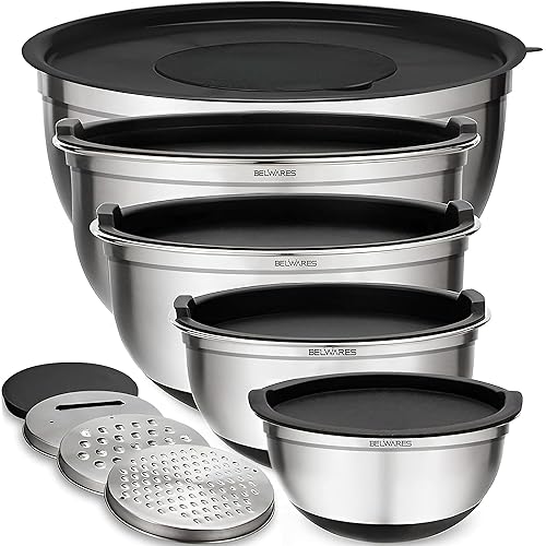 Mixing Bowls with Airtight Lids - 8PCS Stainless Steel Nesting Mixing Bowls Set with 3 Grater Attachments & Non-Slip Bottoms, Kitchen Bowls, Sizes 5, 4, 3.5, 2, 1.5QT for Baking & Food Prep (Black)