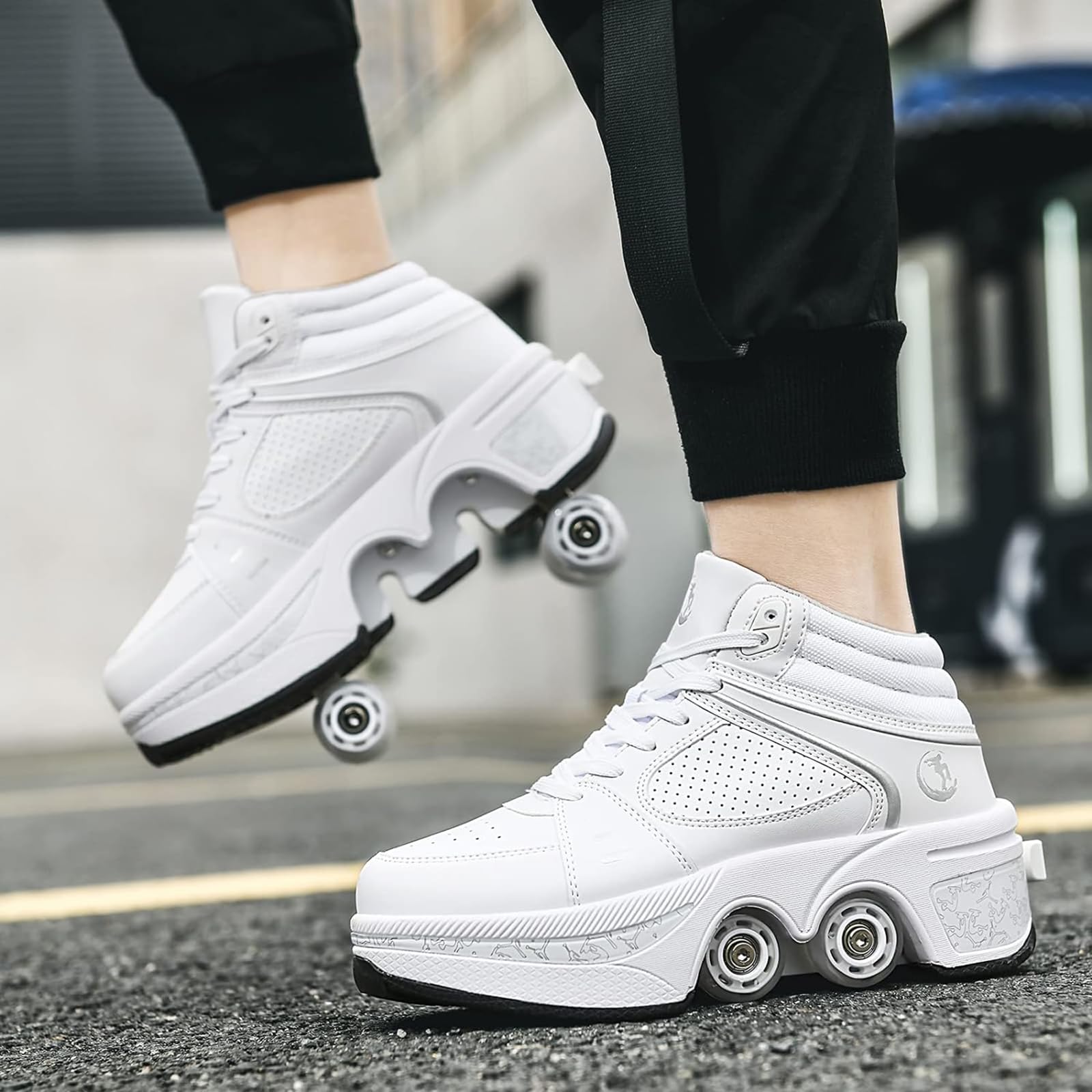 Outdoor roller skates, adjustable roller skates for women, quad skates deformation trainer for adults, sneakers with invisible wheel for beginners (White high top, UK-10)