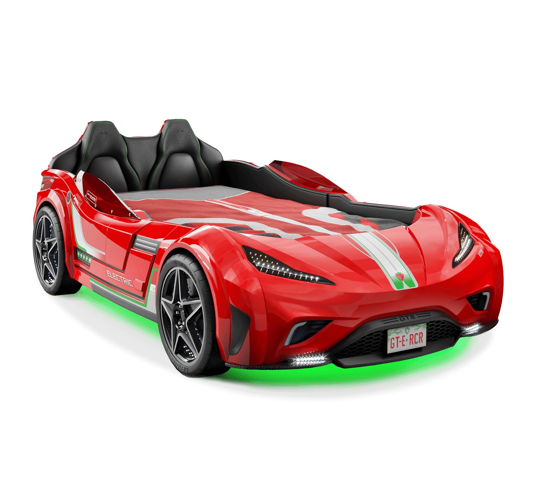 Generico Cama de coche GTE para niños roja con luces LED, asientos deportivos, ruedas realistas y sonido clave – Cama coche eléctrico deportivo 127 x 220 cm
