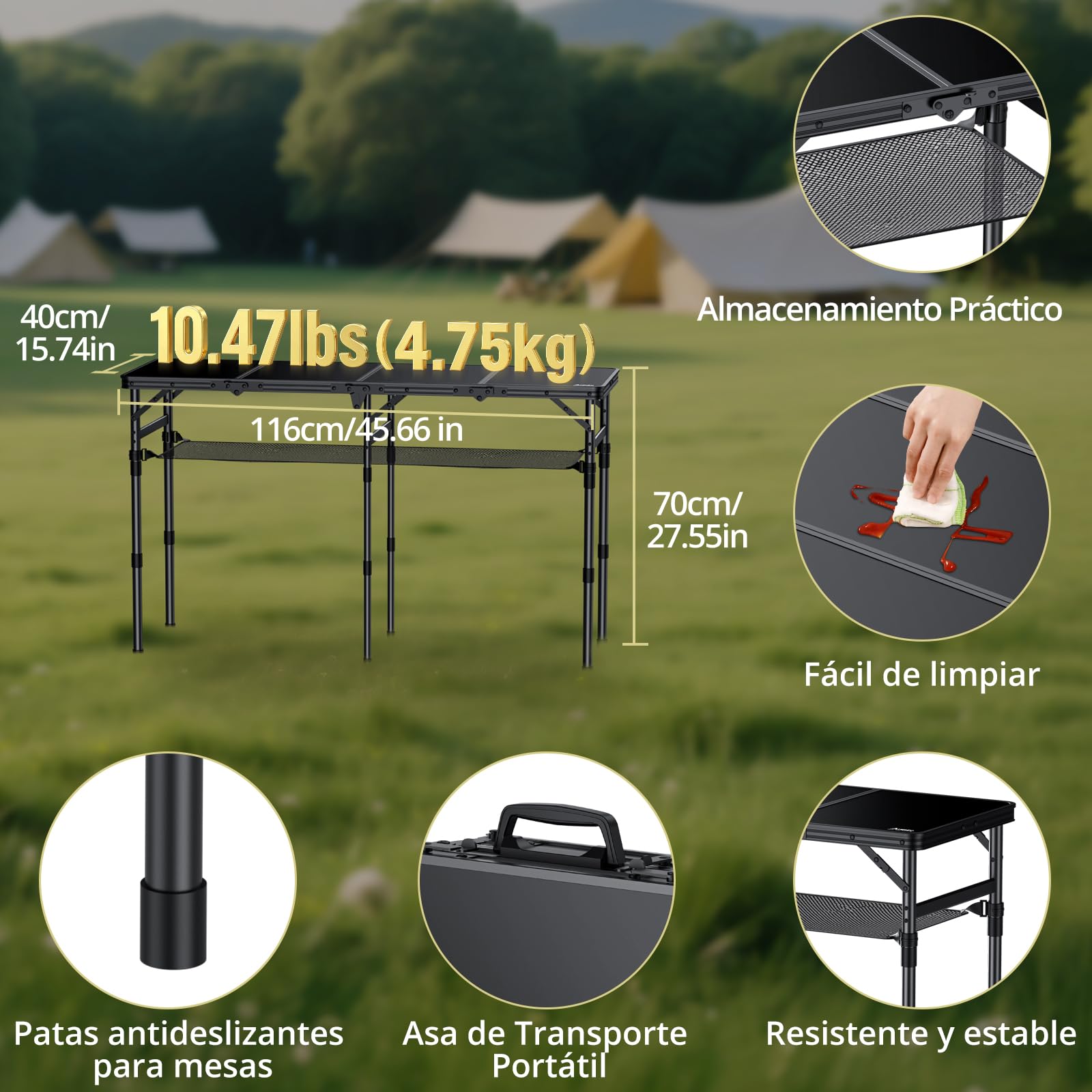 Anbte Mesa Plegable Camping 116 x 40 x 26/48/70cm Ajustable Altura Negro | con Red de Almacenamiento Mesas de Acampad Portátil Mesa Playa Aluminio Impermeable Negro para Terraza Playa Exterior BBQ