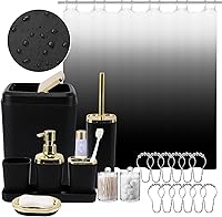 Vista 8 de Juego de accesorios de baño negro, juego de 9 piezas con cubo de basura, bandeja, dispensador de jabón, soporte para cepillo de dientes, taza