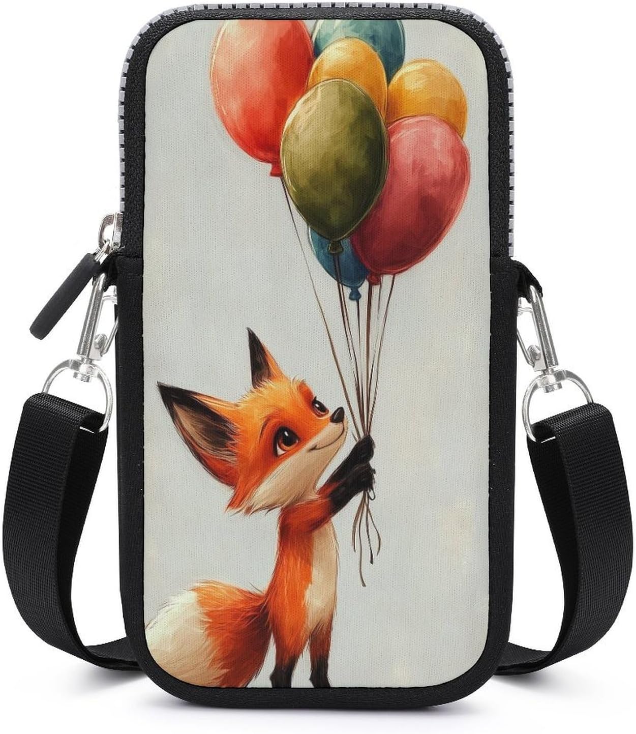 Whimsical Fox Holding Colorful Balloons Crossbody Mobile Phone Bag Smartphone Bag With Adjustable Strap