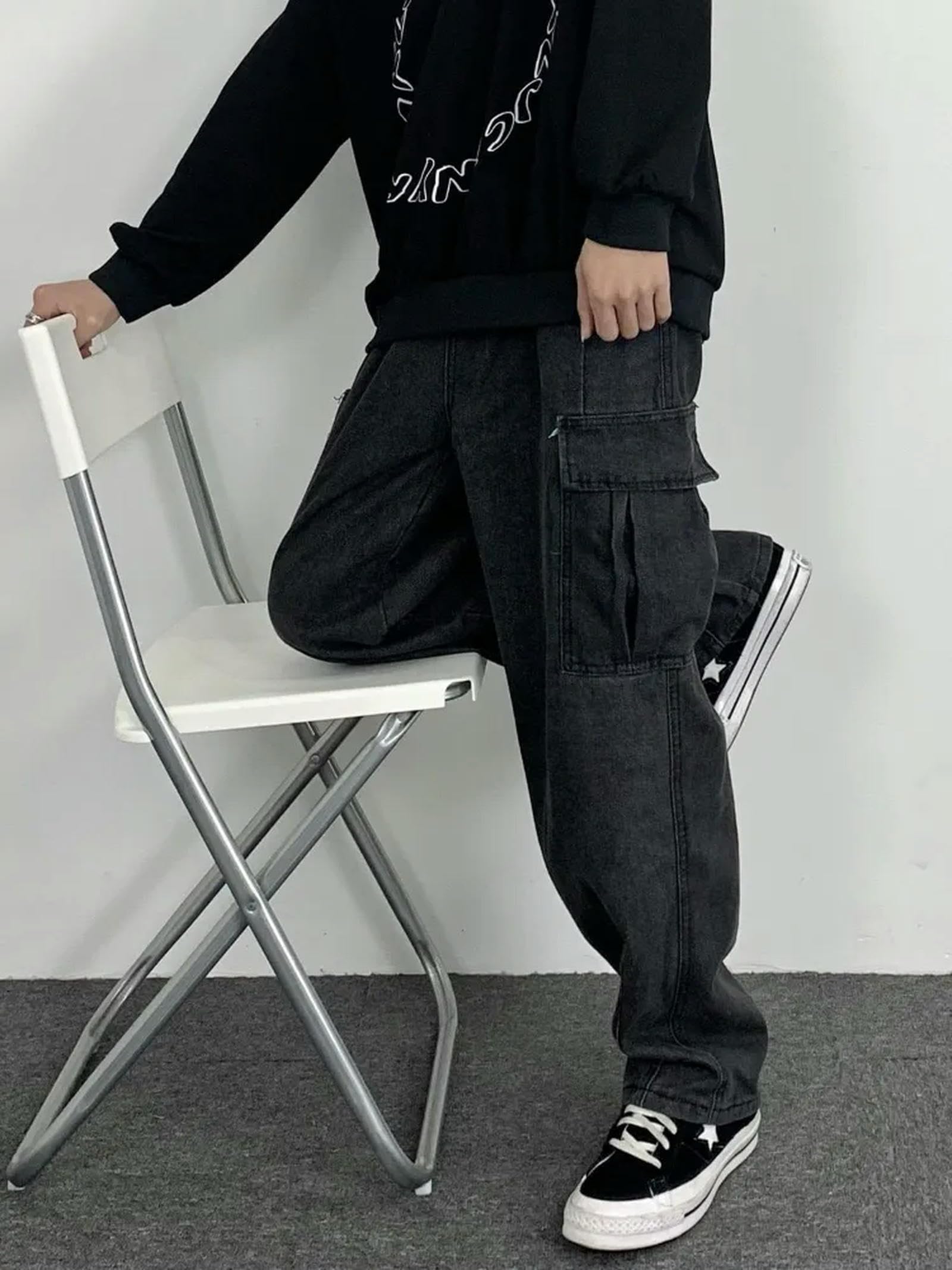 Jeans Uomo Larghi Pantaloni di Jeans Neri Vintage degli Uomini Autunno Inverno