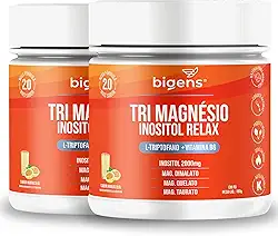Tri Magnésio (dimalato, quelato, taurato) Inositol Relax, Triptofano, B6, Sabor Maracujá, Bigens, Kit 2x 180g