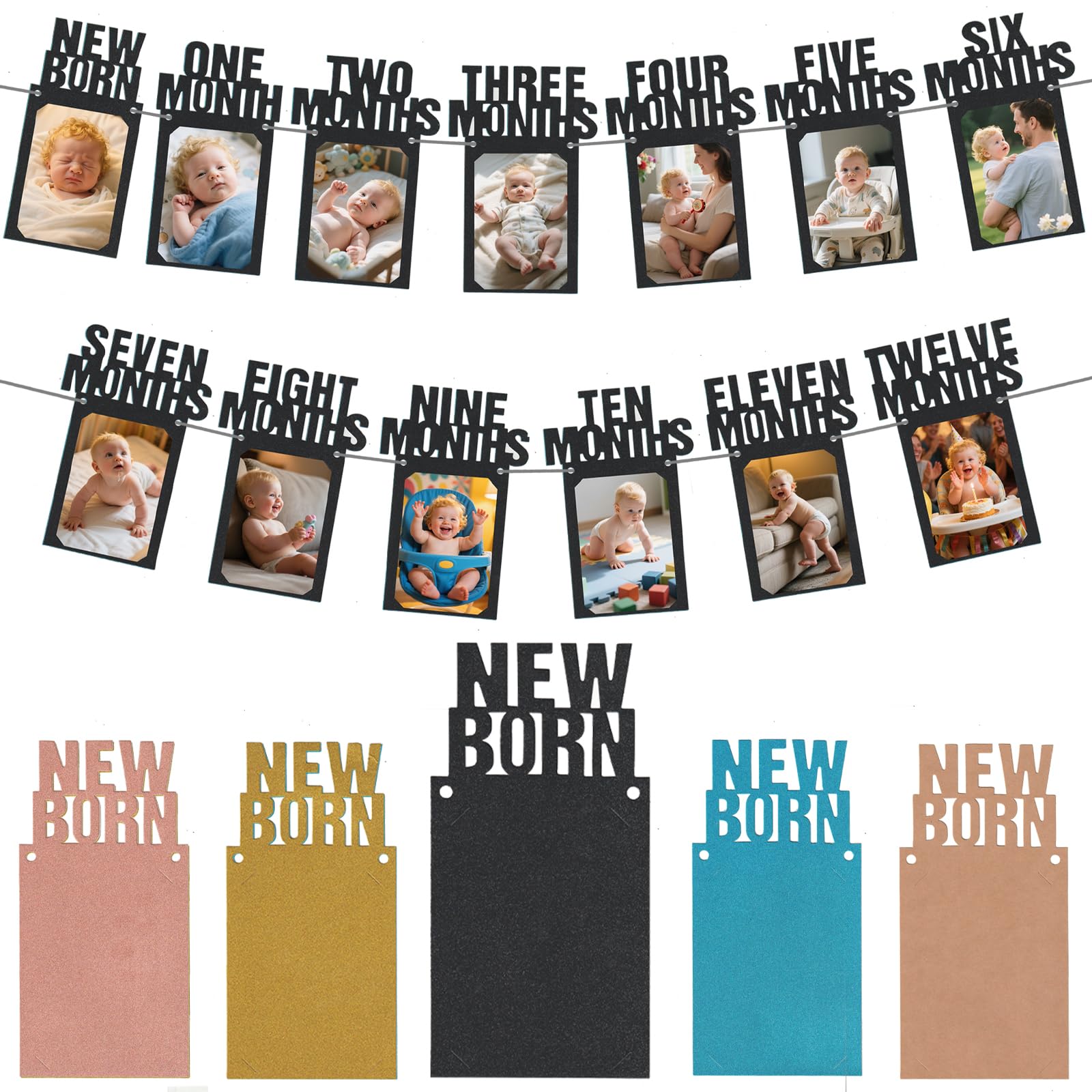 View 1 of 1St Birthday Photo Banner for Baby from Newborn to 12 Months,First Birthday Decorations Boy or Girl Monthly Milestones Garland,4X6,5X7 Paper Photo Banner Pre-Strung with Frame(Black photo frame)