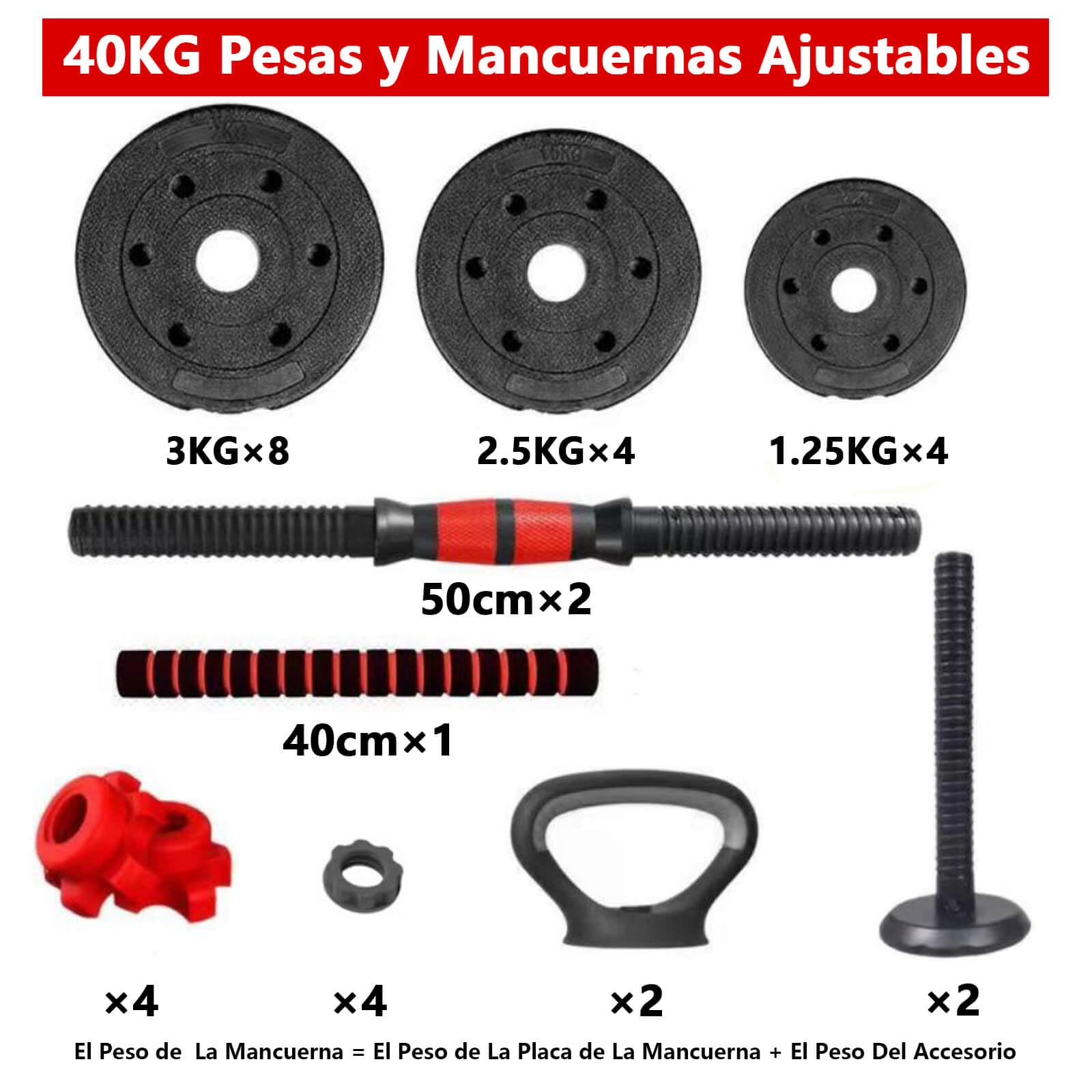 Juego de Mancuernas 4 en 1, Mancuernas 10/15/20/30/40/50KG con Pesa Rusa, Barra Recta de Conexión, Mangos Antideslizantes, Pesas y Mancuernas, Pesas Ajustables, Gimnasio en Casa