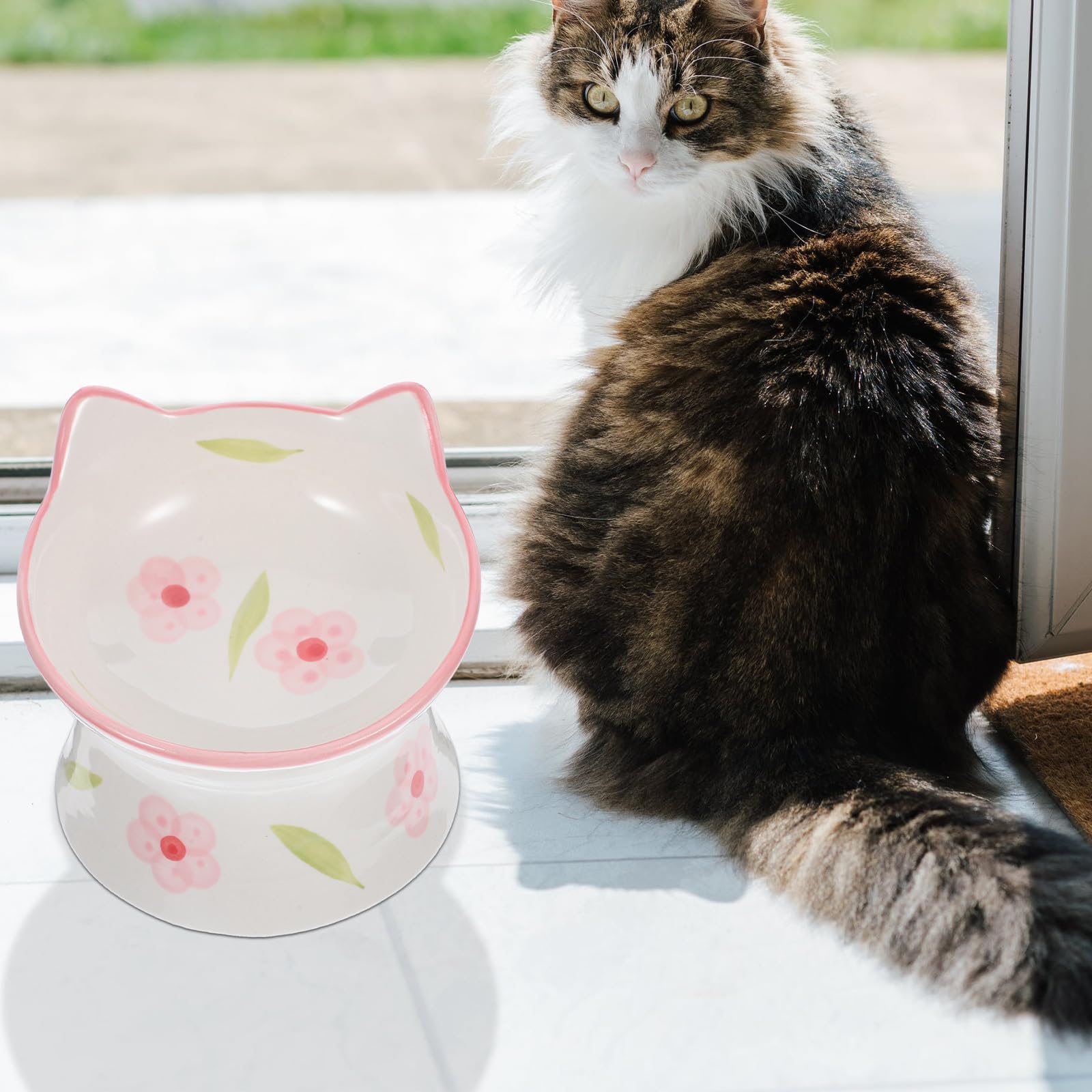 ifundom Ciotole Rialzate in Ceramica per Gatti 2 Pezzi, Ciotola Protezione Collo Antiribaltamento Design Orecchie, Mangiatoia Stabile Antiscivolo per Alimentazione Domestica