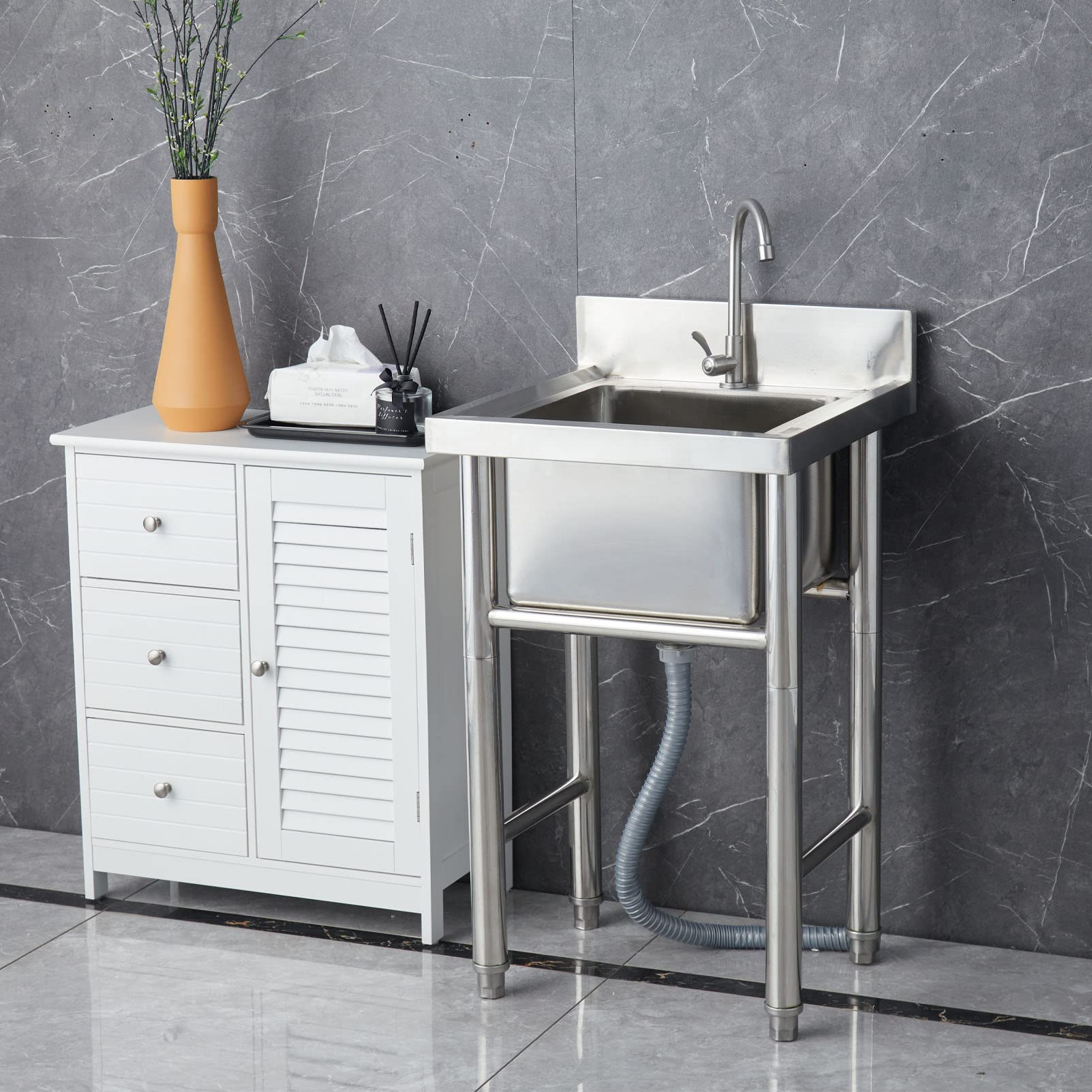 YADZISW Free Standing Stainless Steel Commercial Sink 304 Utility Wash Basin Duty Slop for Home Laundry Backyard Garage