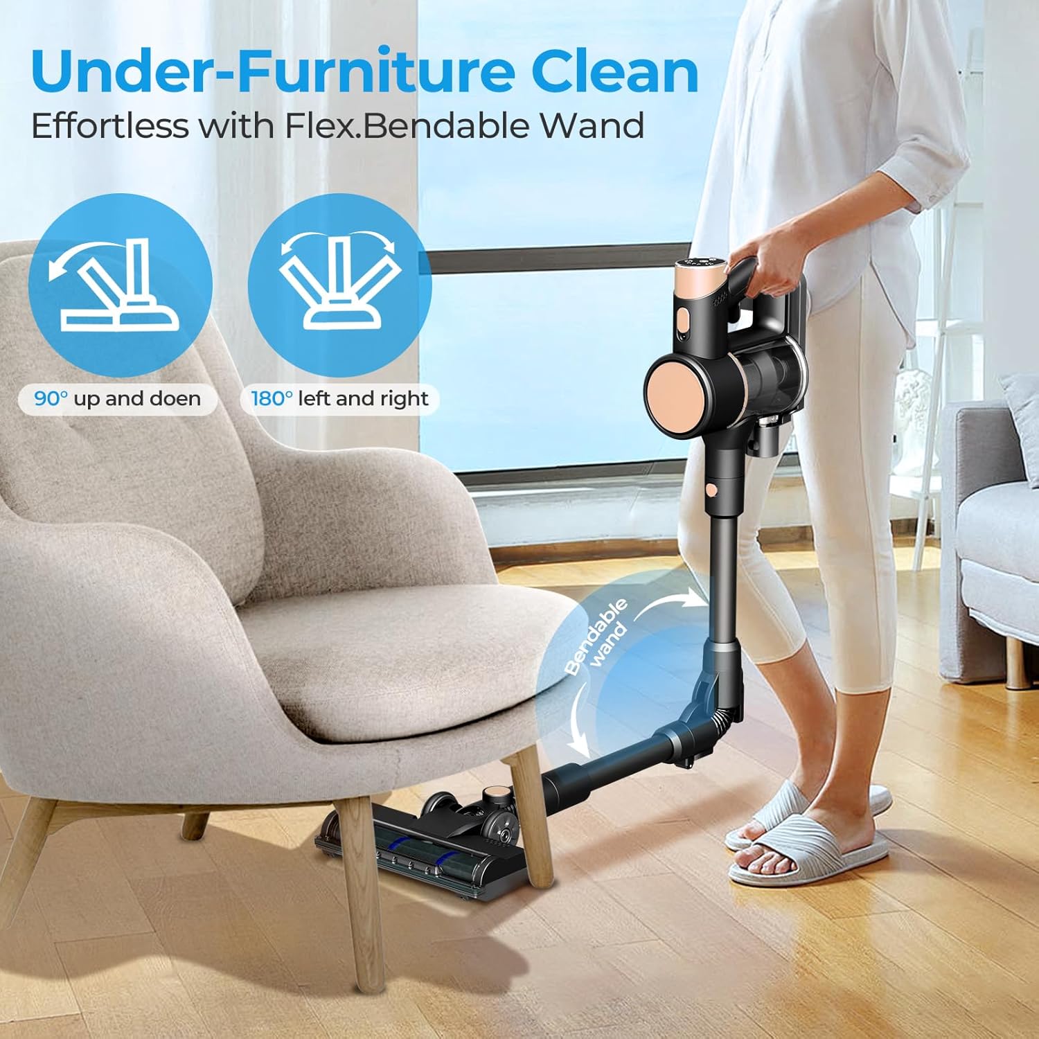 Cordless Vacuum Cleaners for Home, Bendable Wand, Powerful Suction, Rechargeable Stick Vacuum, 40Min Runtime, Lightweight, Handheld Vacuum for Hardwood Floor Carpet Tile Pet Hair, Gray