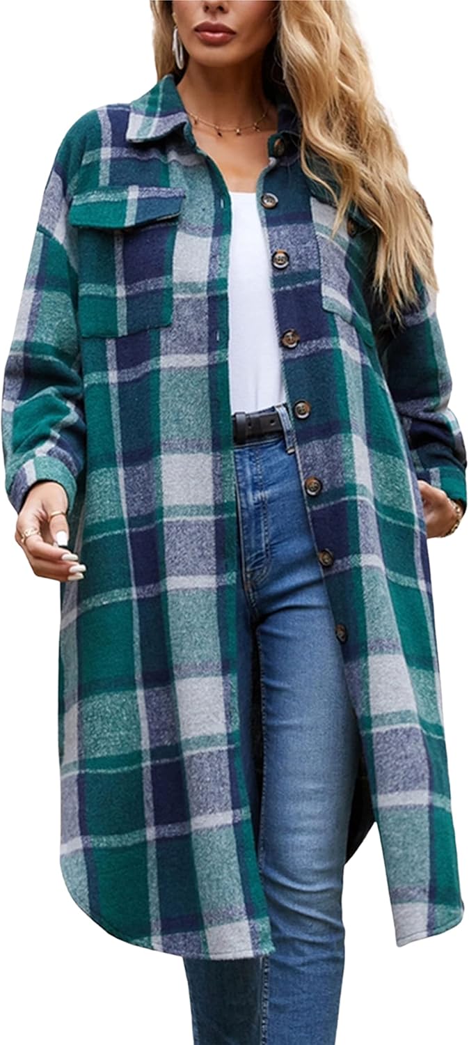 SKIKYAN Women Fall Flannel Plaid Shacket Jacket Oversized Button Down Long Shirt Jacket