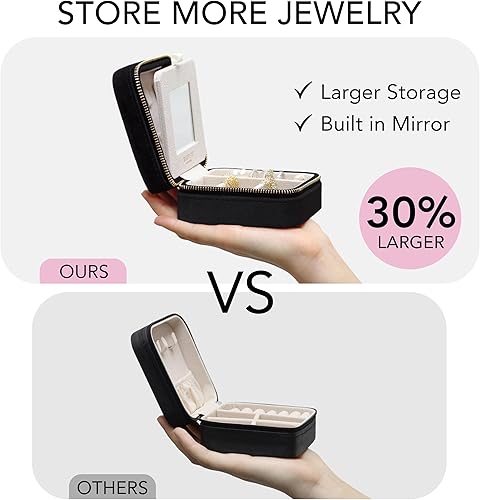 Miniatura 3 de BLUTETE Joyero organizador de viaje de terciopelo con anillos de espejo aretes collares caja organizadora de almacenamiento negro