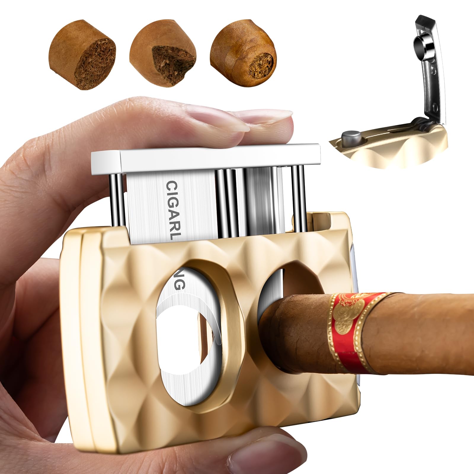 Cigar Cutter Stainless Steel Multifunctional 4-in-1,Cigar V-Cutter Double Blade Guillotine,Straight Cut&V-Cutter with Cigar Punch, Cigar Holder, Gift for Men (Gold)