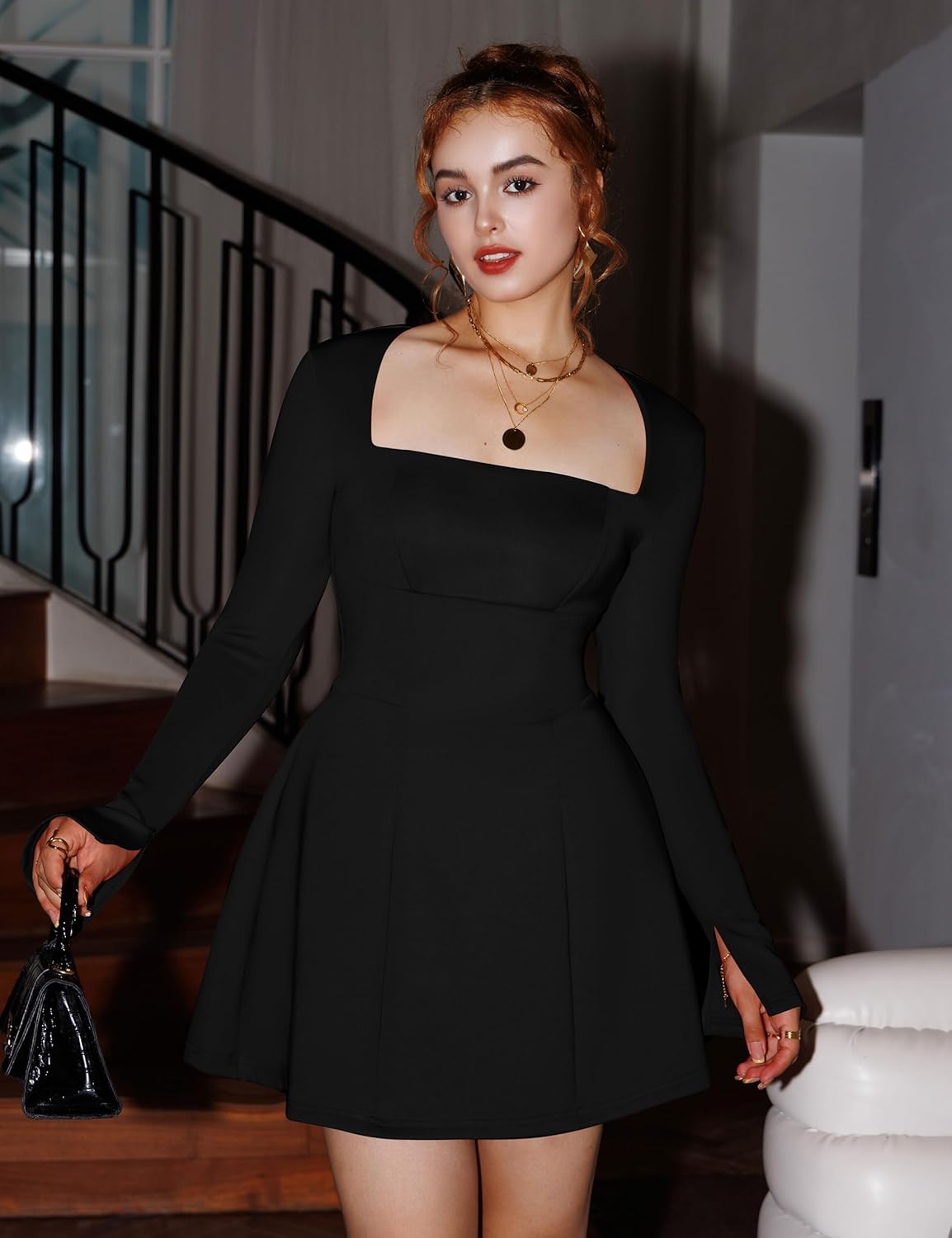 YMDUCH Women's Sexy Long Sleeve Square Neck A-Line Mini Club Prom Dress - Image 6