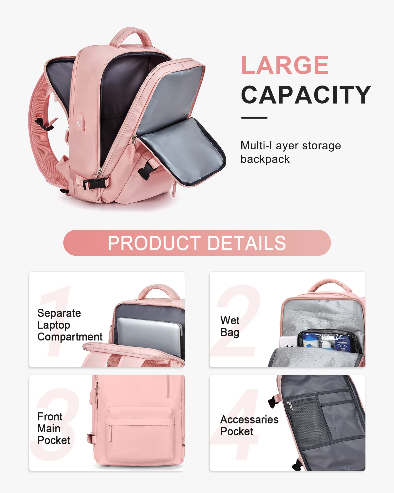 Zaino da Viaggio per Easyjet 45x36x20 Bagaglio a Mano Zaino Borse da Cabina per Ryanair Il Sedile Zaino Aereo Bagaglio a Mano Donna Borsa Cabina Viaggio Zaino Travel Viaggio Casual Daypack,A2 rosa