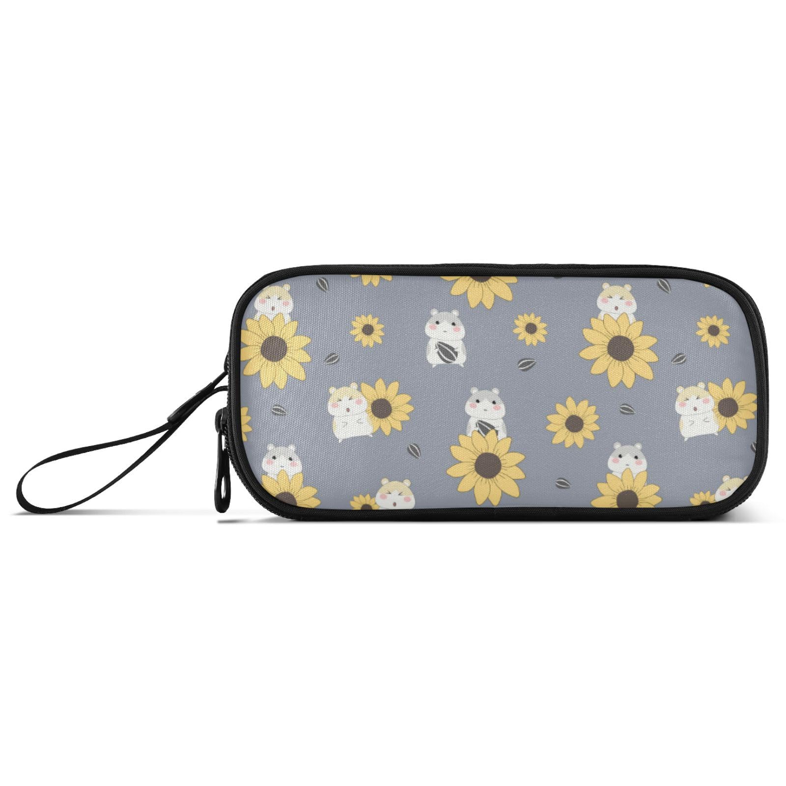 Large Pencil Case, Big Capacity Pencil Bag Pen Pouch Holder 3 Compartments, Sunflower and Cute Hamster School Office Supplies Stationery Makeup Bag Storage Organizer for Students Girls Boys Women Men — image 1