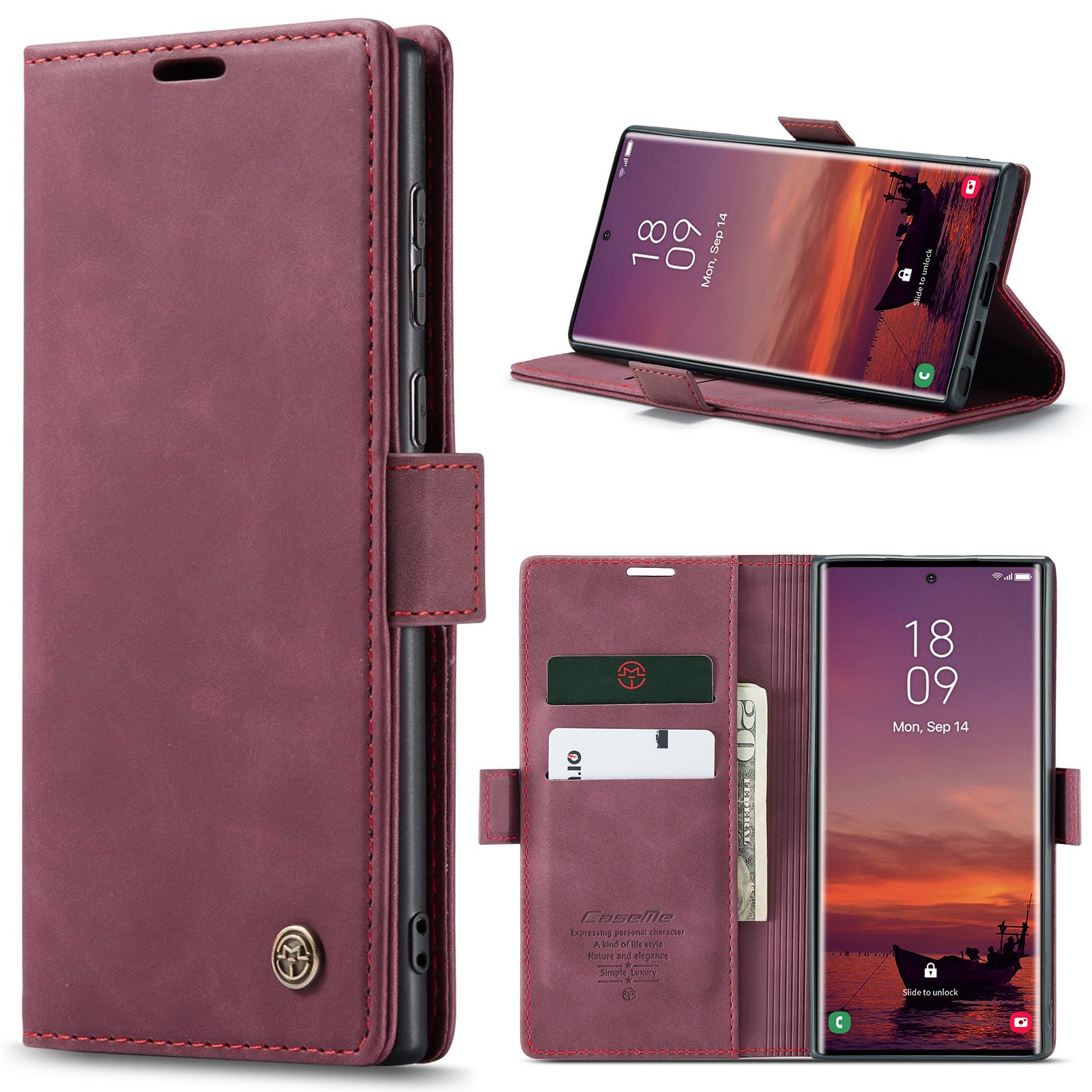 Azororo Cover per Samsung Galaxy S25 Ultra 5G, Premium PU Pelle Custodia, Magnetica Carta Fessura Portafoglio Case, Flip Cavalletto Custodia per Samsung Galaxy S25 Ultra- Vino Rosso