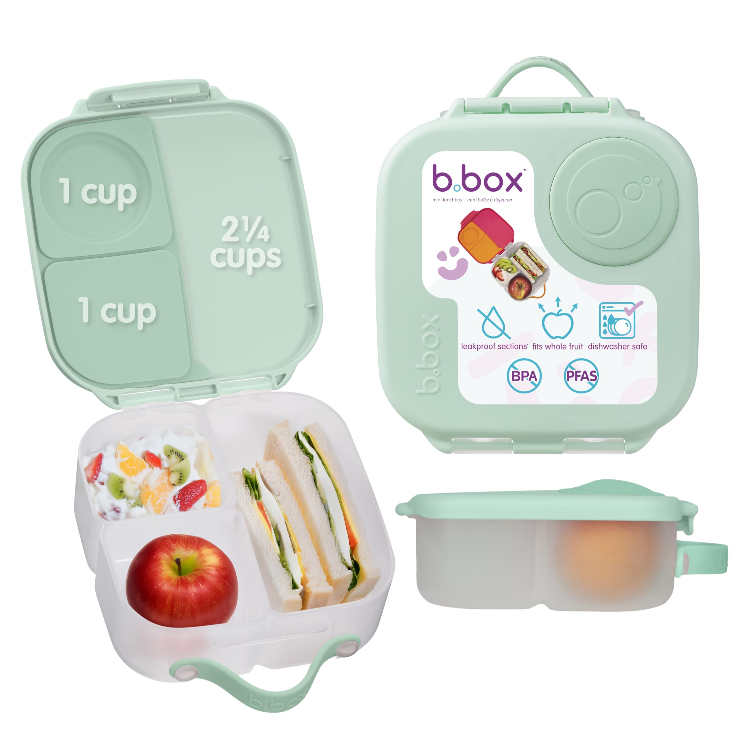 b.box Mini Lunch Box - 4.25 Cup Leak Proof Bento Box for Kids Ages 3+ - 3 Compartment Snack Containers, School Lunch Container, Dishwasher Safe,
