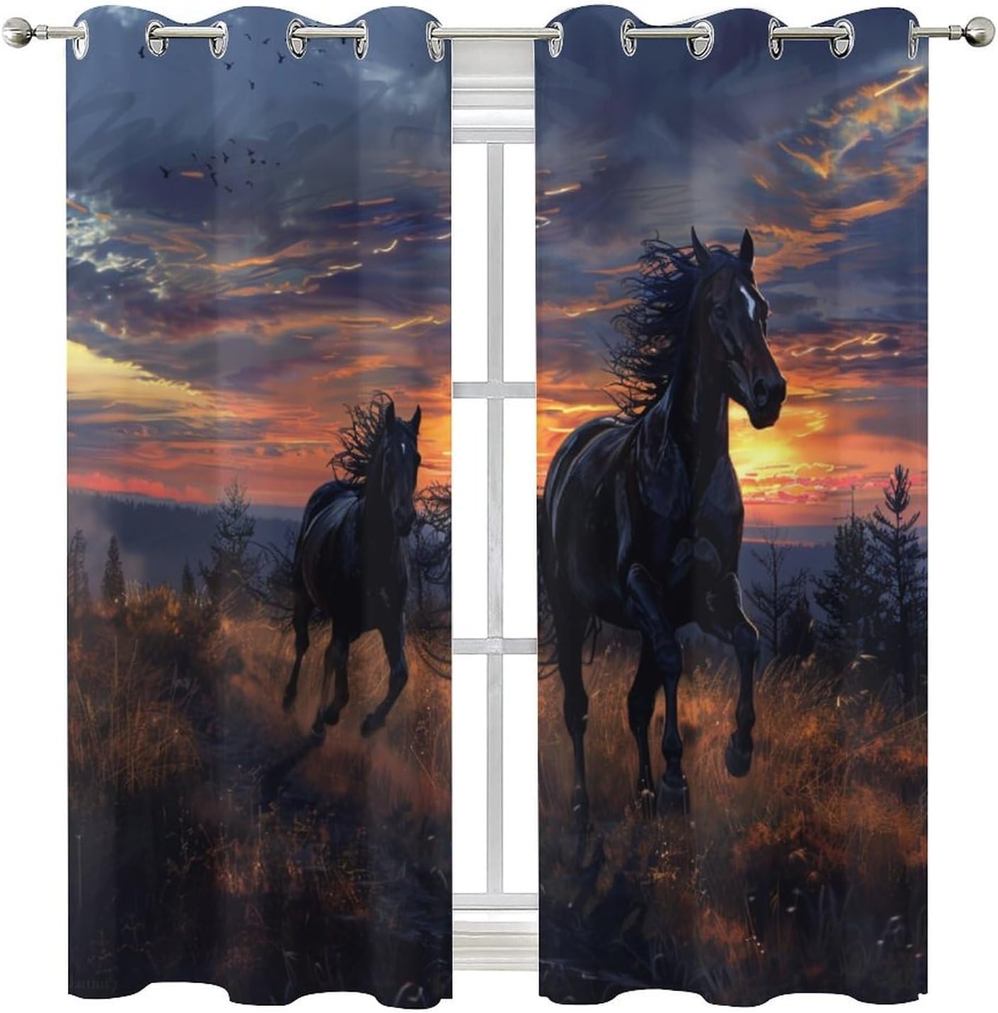 Horse Forest Grommet Blackout Curtains for Bedroom, Rustic Grassland Animal Sunset Thermal Insulated Curtains Room Darkening Window Drapes, 21W x 45L, 2 Panels