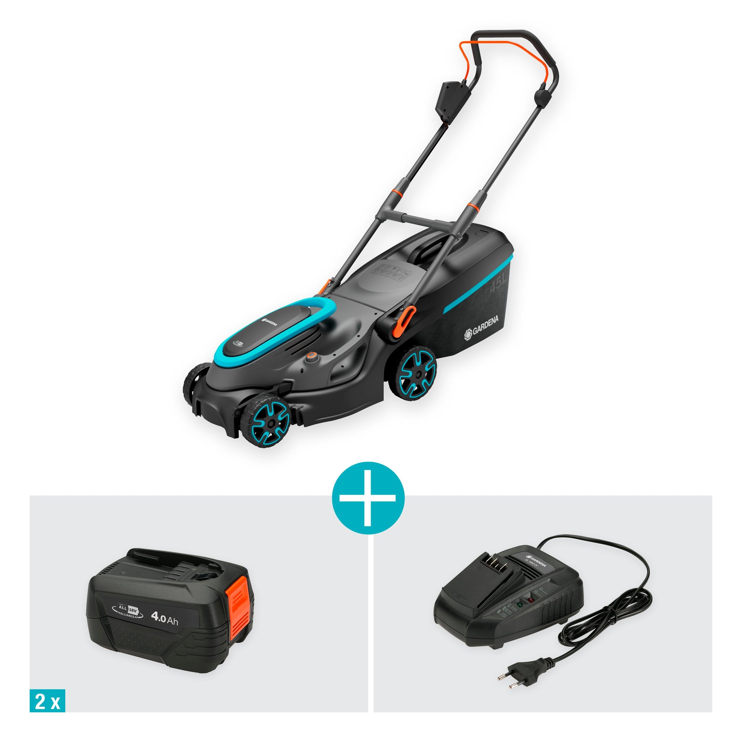 Gardena Akku-Rasenmäher PowerMax 37/36V P4A Ready-to-Use Set: 37 cm Schnittbreite, 45 l Fangkorb, Ergonomisch, Höhenverstellung, Kabellos (14638-20)