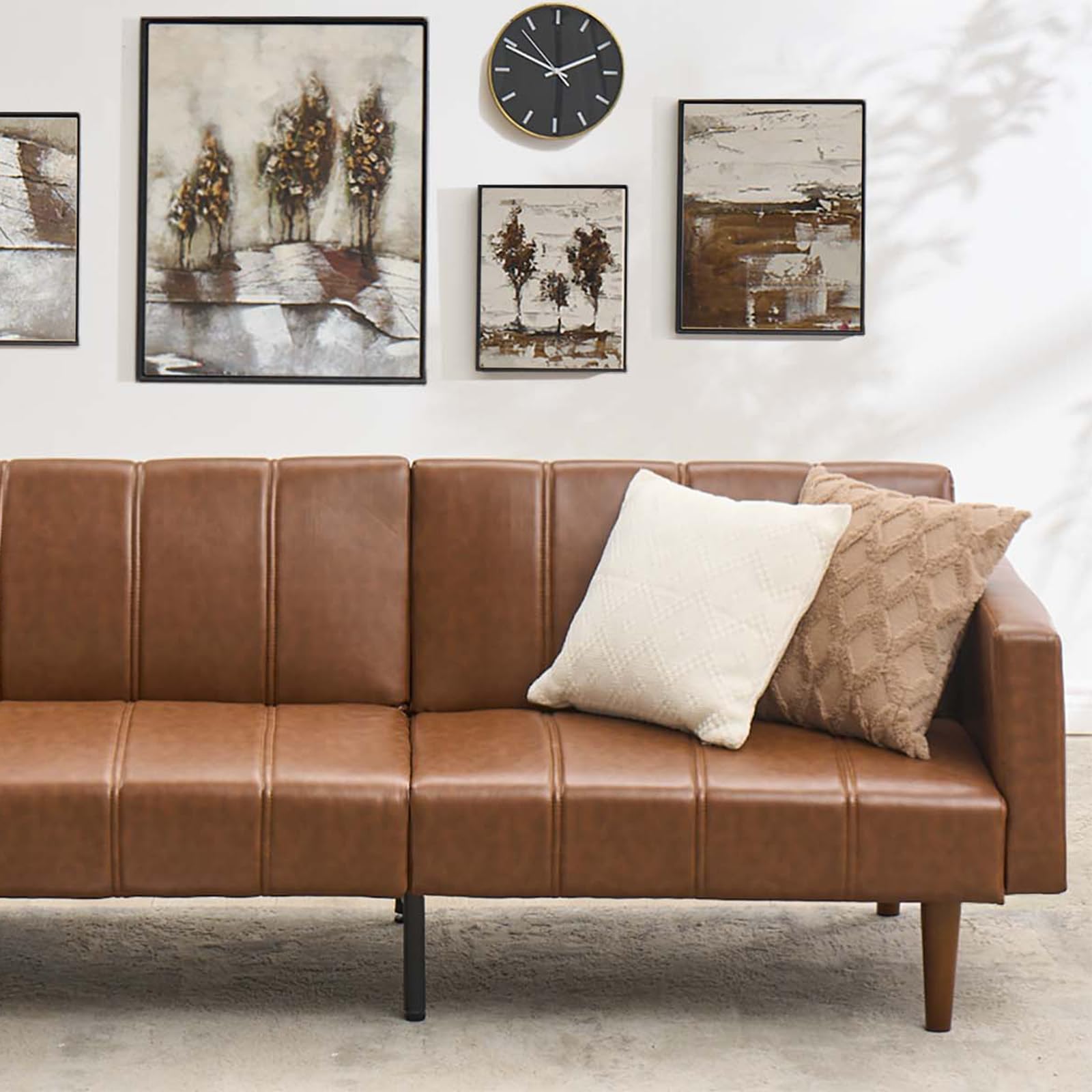 Convertible PU Leather Futon Sofa Bed – 75" Sleeper Couch with Adjustable Backrest, Mid-Century Modern Loveseat, Space-Saving Recliner, Side Pockets, Easy Assembly, Living Room or Guest Room