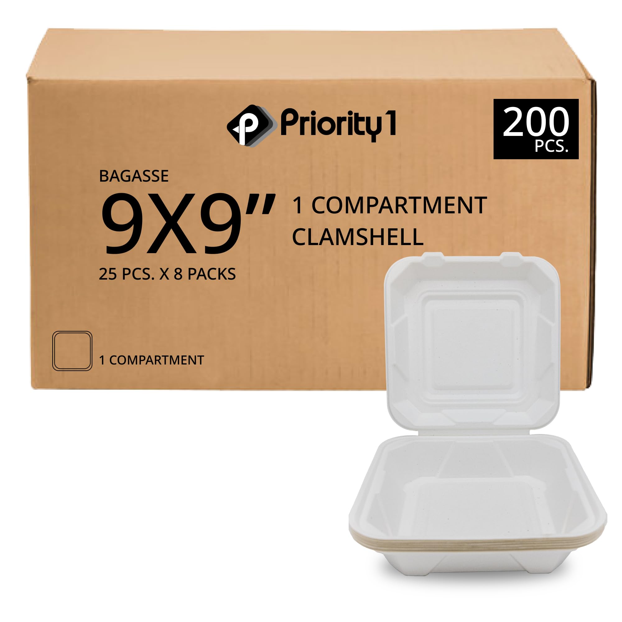 Priority1 Paper 9 x 9 Inch - 1 Compartment, 200 Pack Disposable Clamshell Take Out Food Containers, Hinged Lid, Eco Friendly Boxes for Restaurant and Events