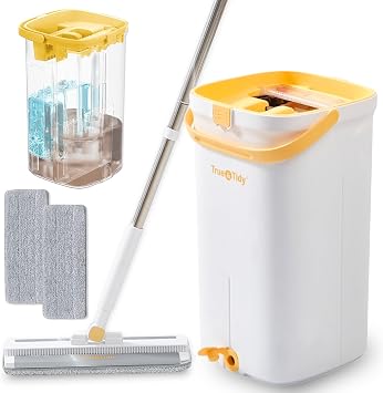 True & Tidy TrueClean Mop & Bucket Spin Mop Pump System, Patent Pending 3 Compartments Separate Clean & Dirty Water, Hands-Free Self-Wringing Aluminum Head, Machine Washable Pads, in Gift Box