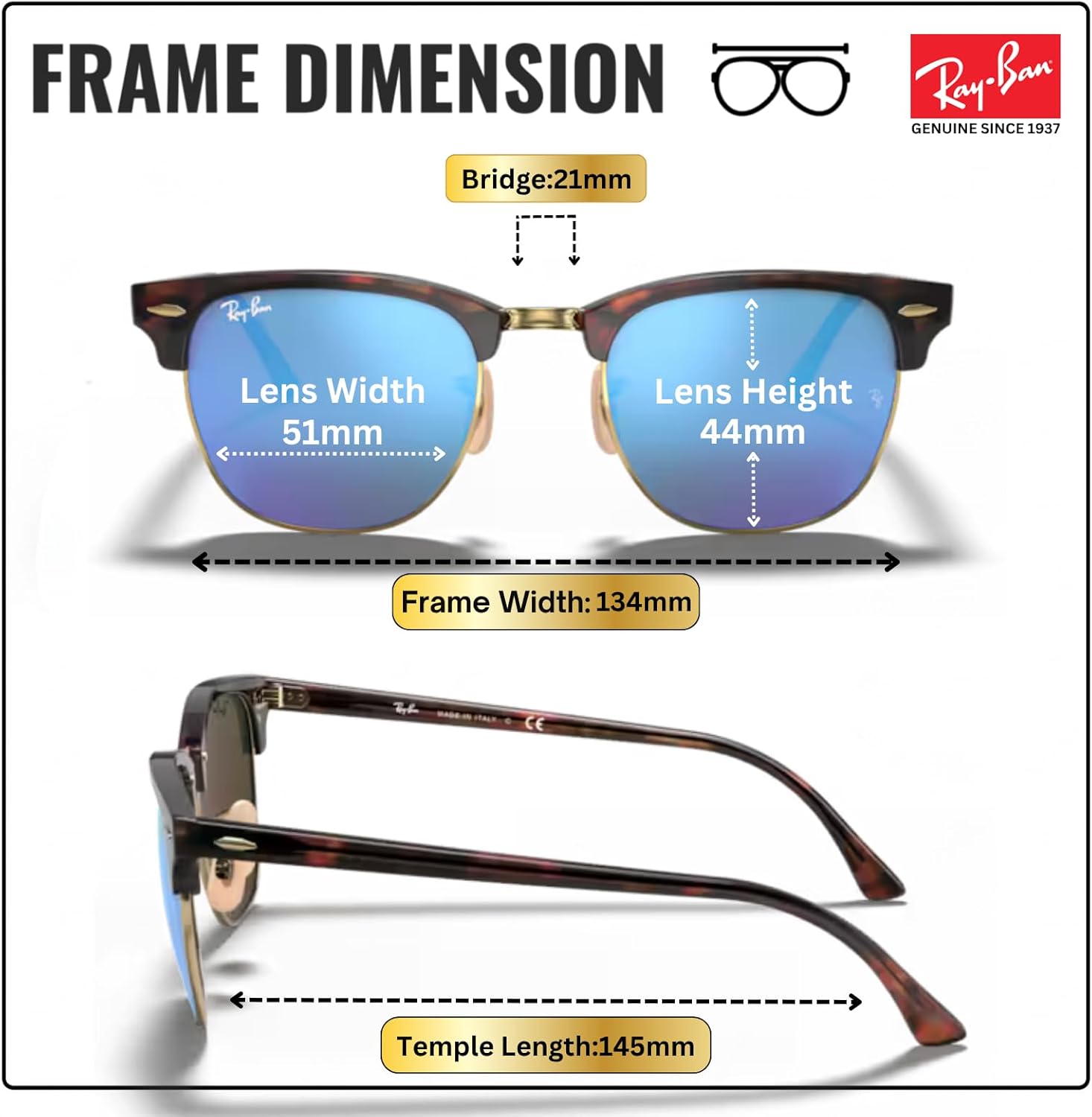 Ray-Ban RB3016 CLUBMASTER FLASH LENSES Square Shaped Sunglasses for Men & Women with Official RAYBAN Eyewear Kit
