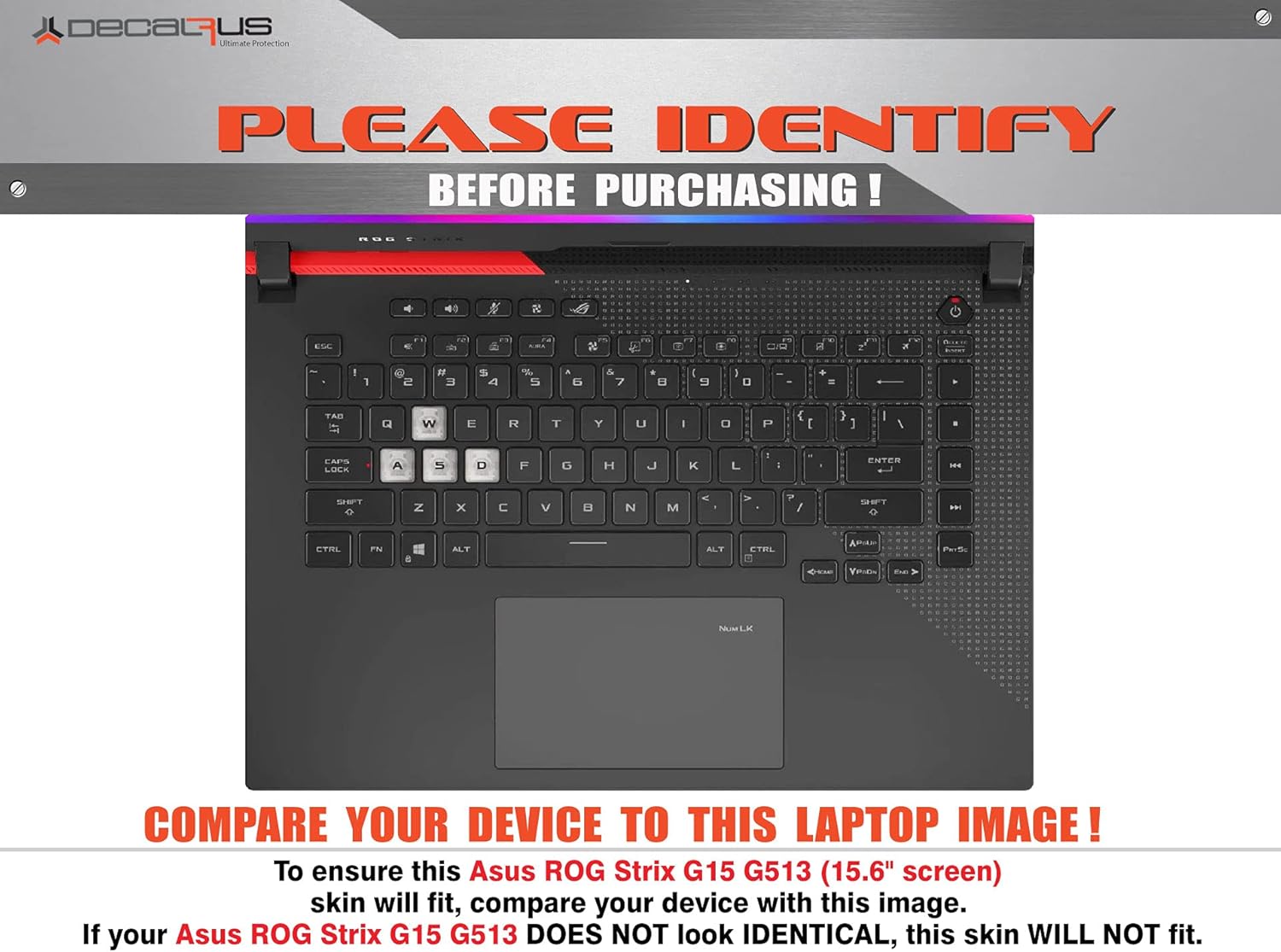 Decalrus - Protective Decal for The Asus ROG Strix G15 G513 (15.6" Screen) Laptop Dark Grey Texture Brushed Aluminum Vinyl Cover wrap BAasusRogStrixG513_15Dark Grey