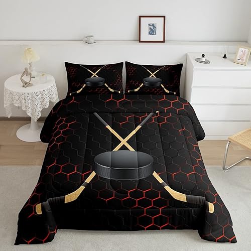 Juego de edredón de hockey sobre hielo para niños, jóvenes y adultos, juego de ropa de cama geométrica de panal tamaño matrimonial, juegos de