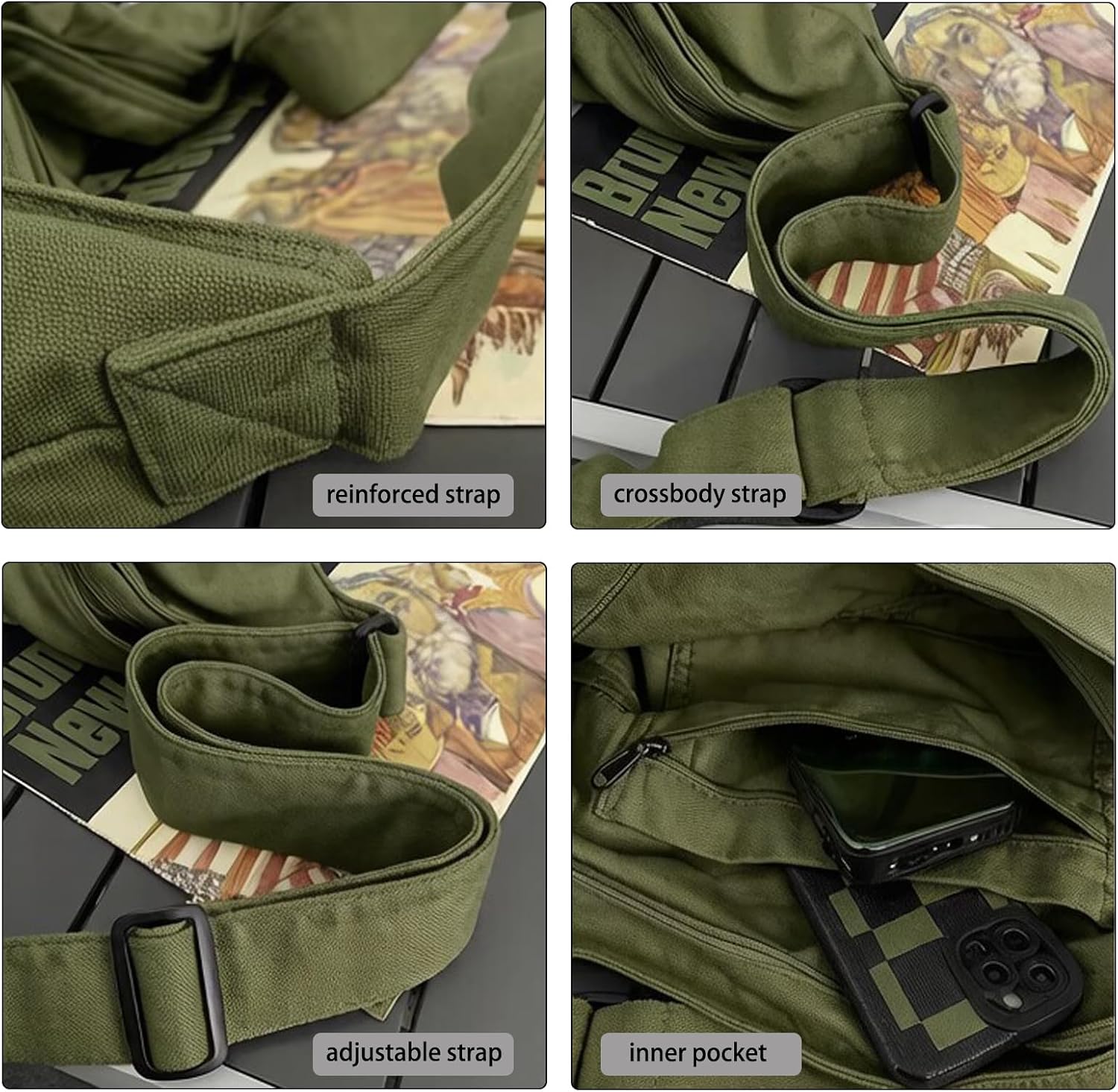 Canvas Tote Bag for Women Slouchy Hobo Shoulder Bag for Work Travel, Army Green Casual Message Tote Bags with Zipper