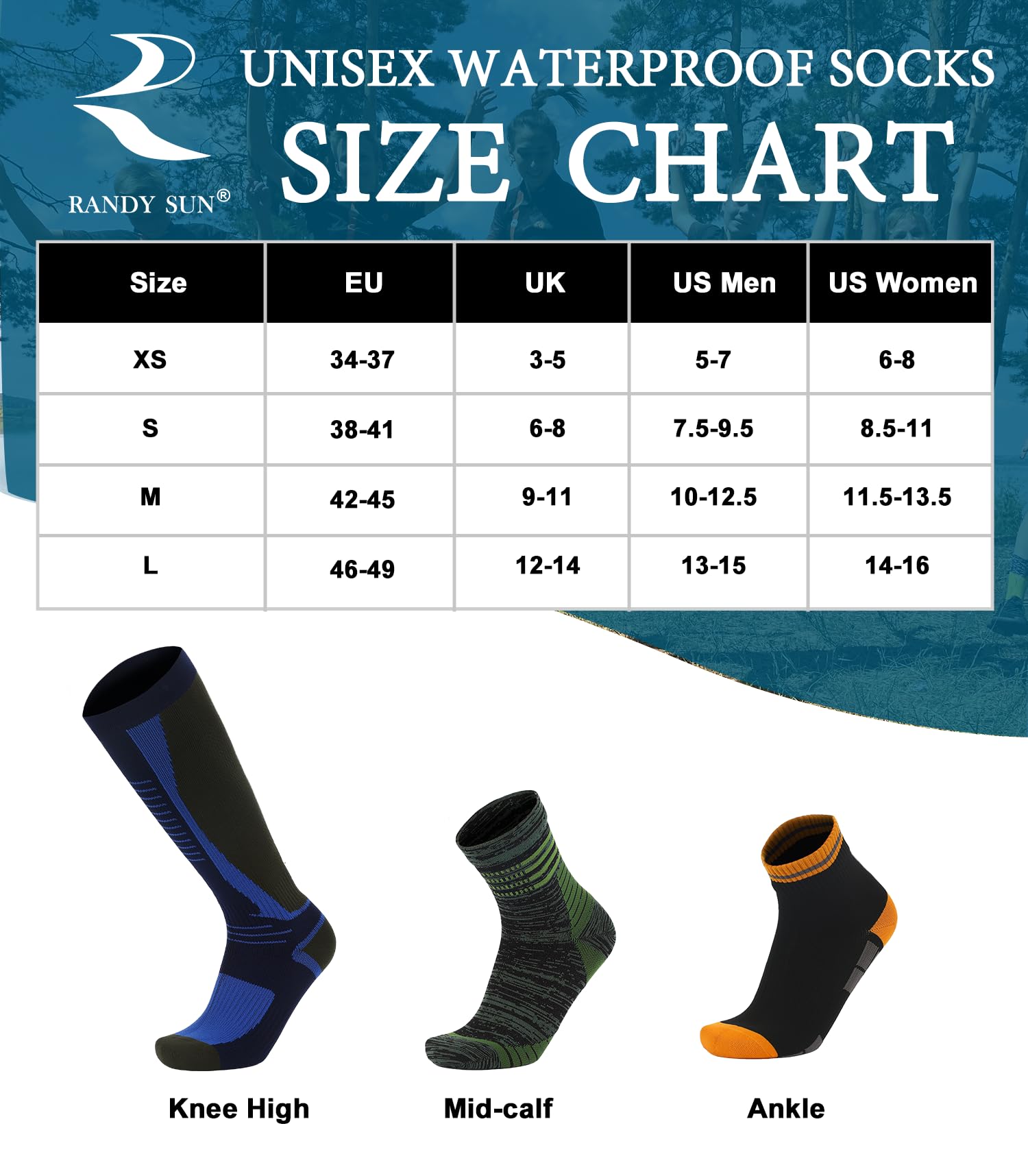 RANDY SUN Wodoodporne Oddychające Skarpety,[certyfikat SGS],Unisex Novum Rowerowe Skarpety,Trekking Hiking Wading Trail Socks 1 Para