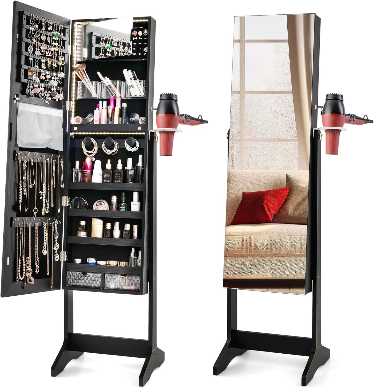 CHARMAID Jewelry Cabinet Armoire with Full Length Mirror, Flip-open Vanity Mirror, 3 Color LED Lights, Hair Dryer Holder, Lockable Standing Jewelry Organizer with Storage Shelves Drawers (Black)