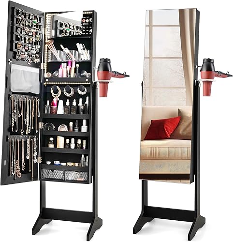 CHARMAID Armario de joyería con espejo de longitud completa, espejo de tocador abatible, luces LED de 3 colores, soporte para secadora de pelo,