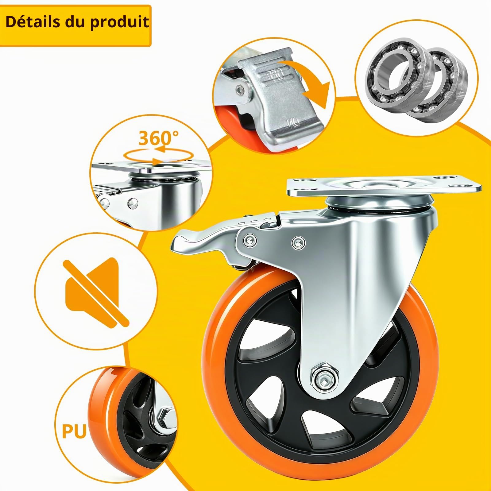 Roulette Pivotante avec Frein 125 mm, 4 Roulettes pour Meubles Roulettes Charge Lourde Roue Plaques Industrielles Transport, Max 800KG (32 Vis Incluses)