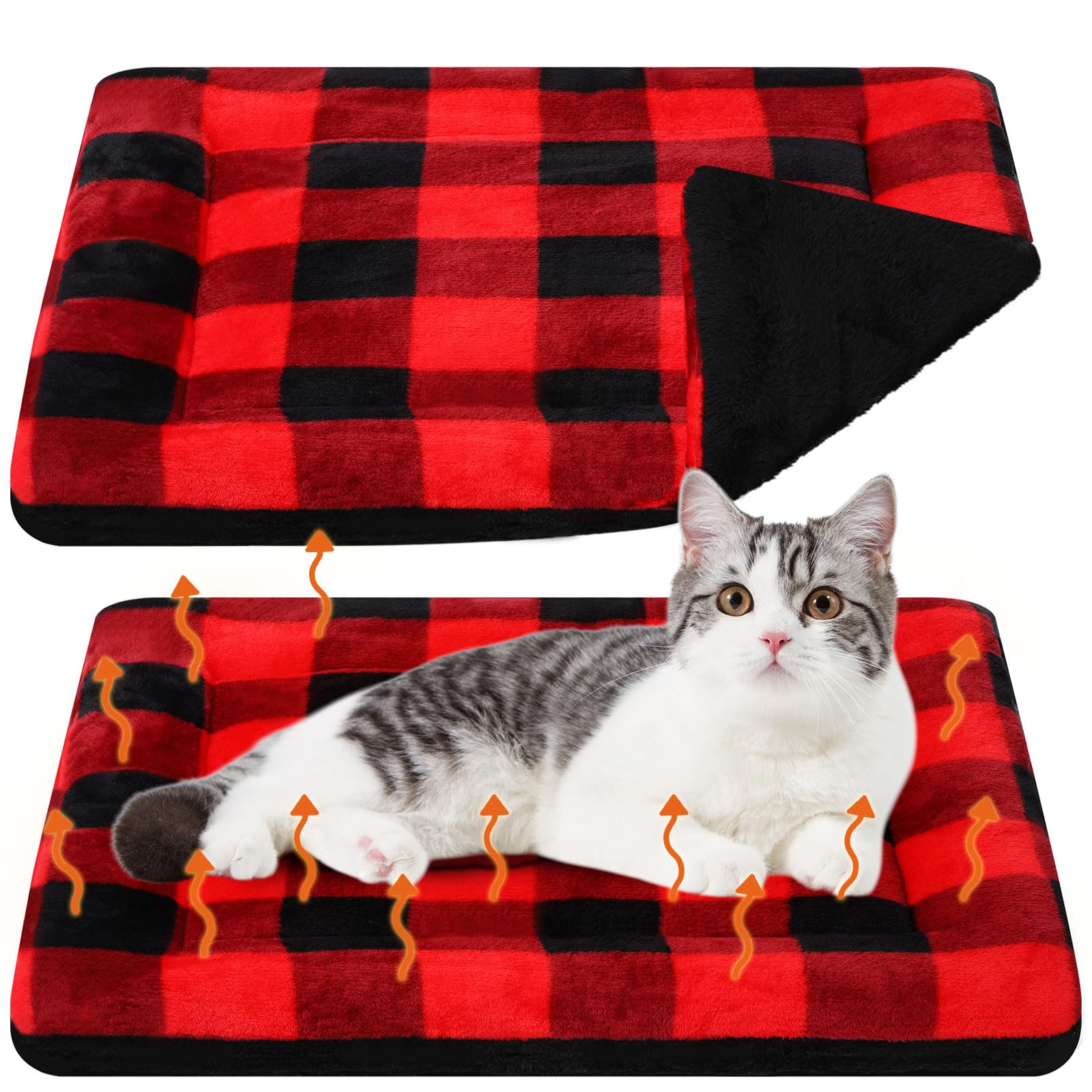 VitalCozy 2 Pack Self Warming Cat Mat Self Heating Pad Bed Reversible Machine Washable Reflects Body Heat Warm Thermal Pet Pad Crate Blanket for Feral and Indoor Cat (Black, Red,22'' X 18'',Plaid) — image 1